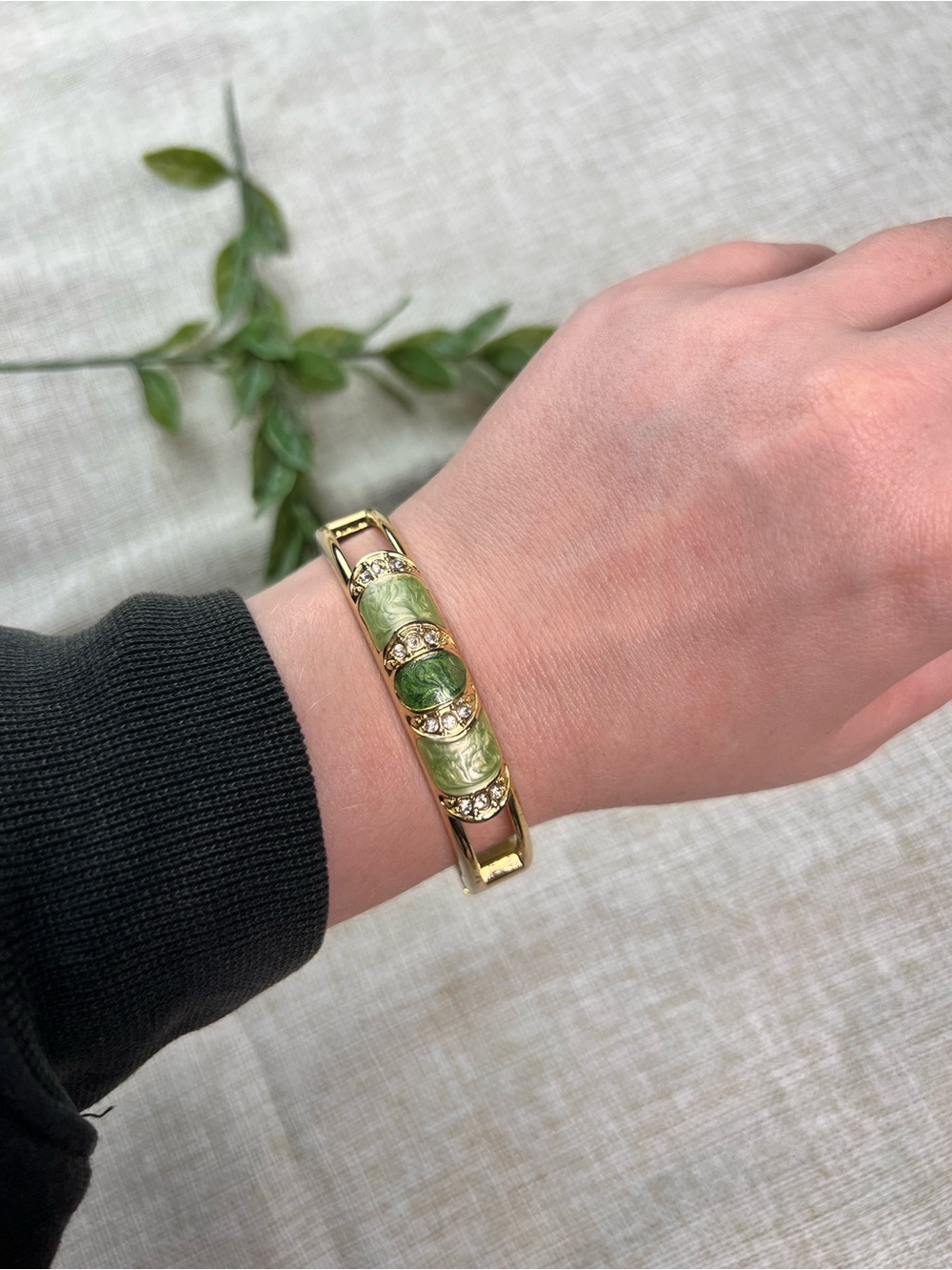 Green Swirl Enamel Gold Bangle Bracelet | Feminine Vintage Style
